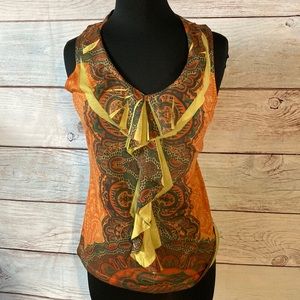 Medium orange and green sleeveless top. Ruffled neckline. Ransom